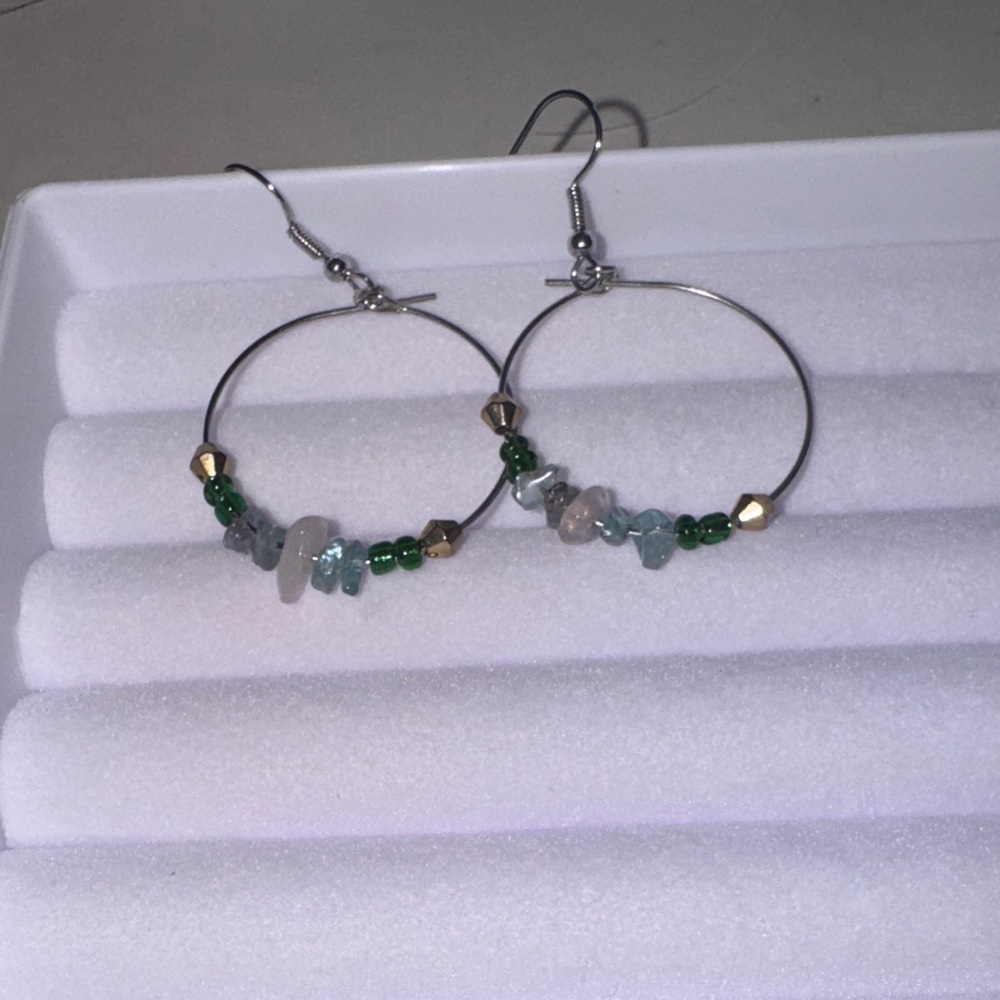 Chic Silver Hoop Earrings with Green and Gold Accents